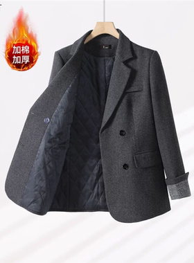 灰色毛呢西装外套女小个子2025新款冬季加厚高级修身气质加棉西服