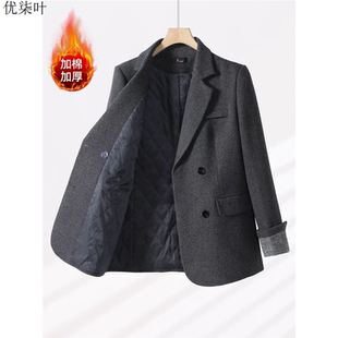 灰色毛呢西装外套女小个子2025新款冬季加厚高级修身气质加棉西服