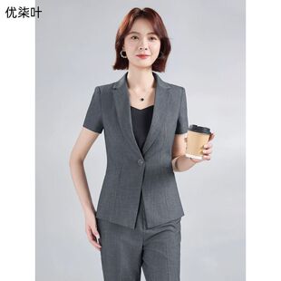 新款 短袖 女夏装 套装 高端一粒扣面试气质OL西服外套工作服 职业西装
