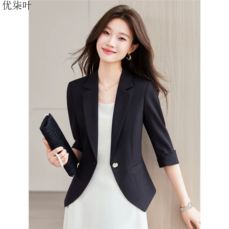 黑色中袖七分袖西装外套女薄2026年春夏新款气质休闲职业西服上衣