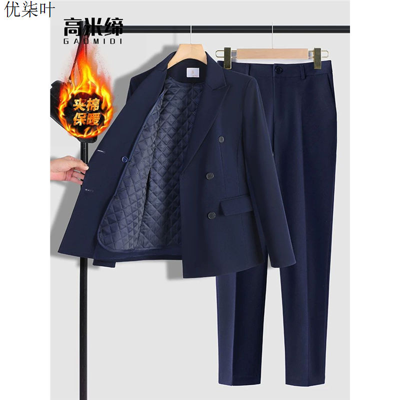 冬季夹棉西装套装女加厚保暖职业面试通勤正装大学生工作西服外套