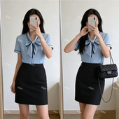 夏季 职业酒店前台气质衬衣工装 衬衫 蓝色美容院工作服女蝴蝶结短袖