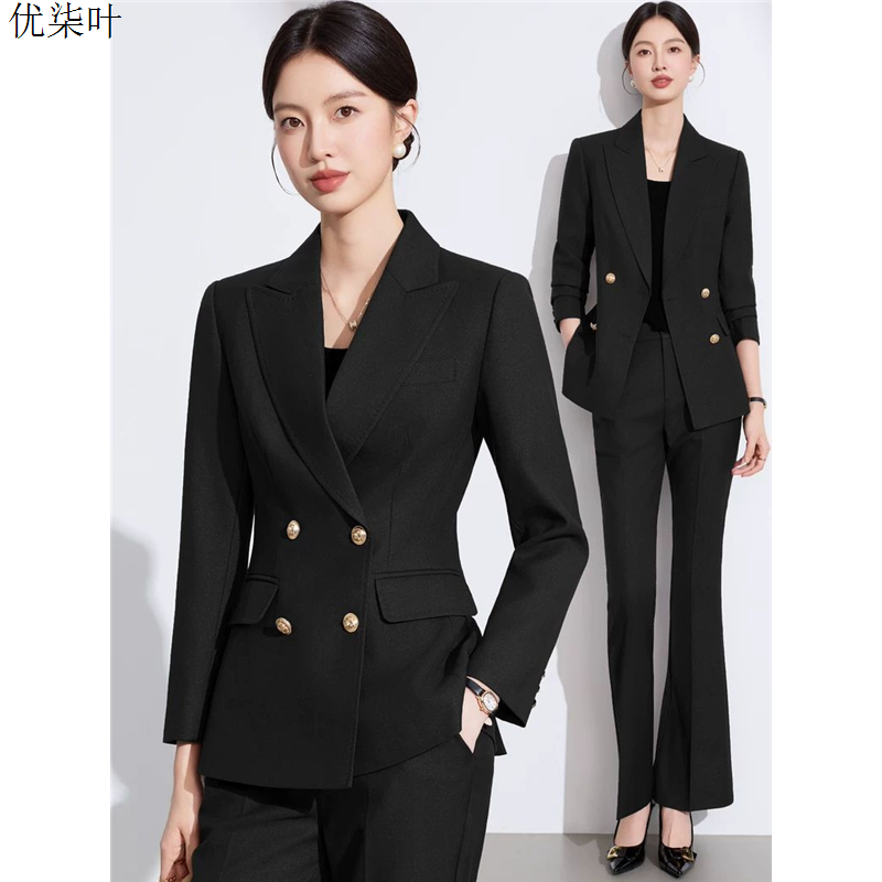 黑色西装套装女大学生教资银行秋招面试正装微喇裤职业装西服外套