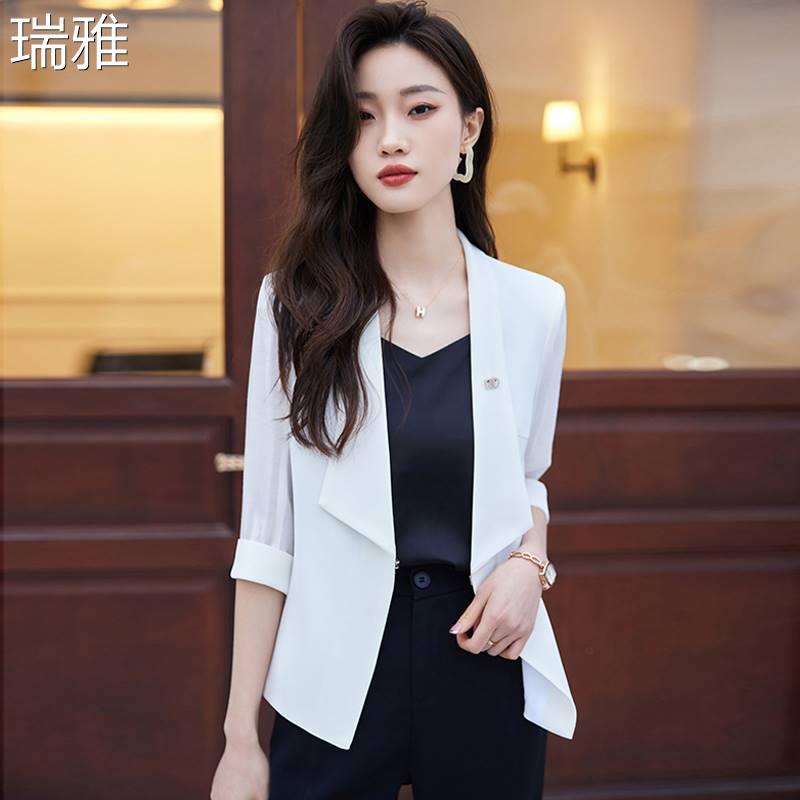 白色小西装外套女夏季薄款2024新款高级感七分袖小个子网纱西服女