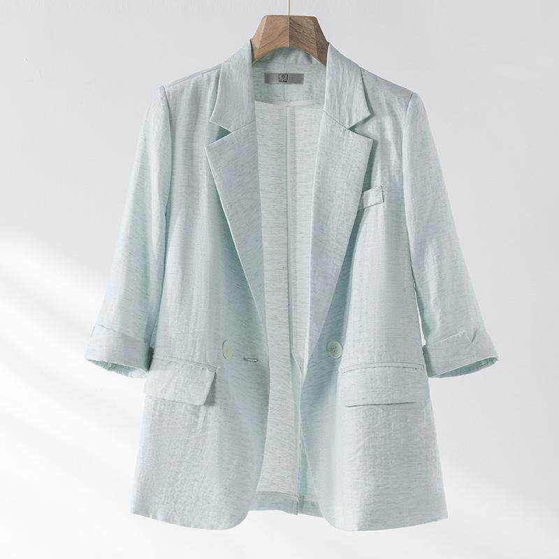亚麻小西装外套女夏季薄款七分袖休闲气质小个子棉麻西服2024新款