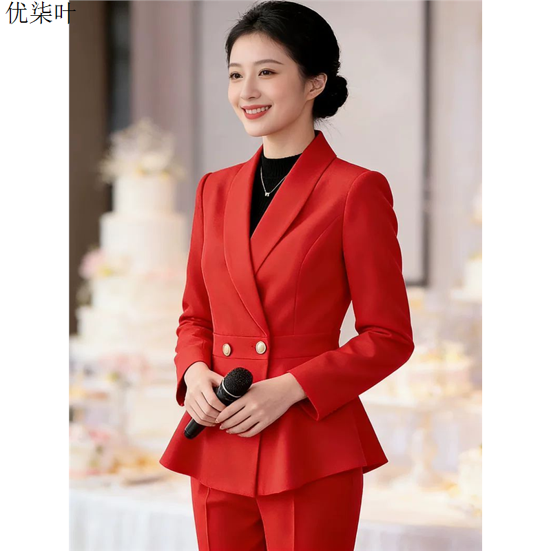 红色西装外套女士高级感婚庆主持职业正装宴会礼仪工作服西服套装