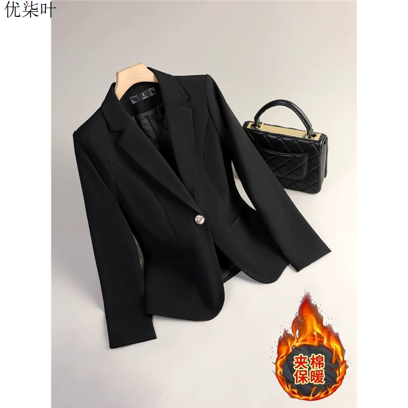 黑色夹棉西装外套女2025新款秋冬季气质高级感休闲女士小西服上衣