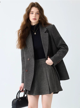 灰色毛呢西装套装女2025新款秋冬高级感气质小个子女士西服外套裙