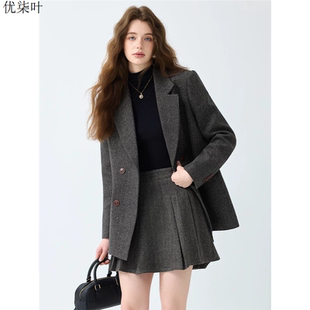 灰色毛呢西装套装女2025新款秋冬高级感气质小个子女士西服外套裙