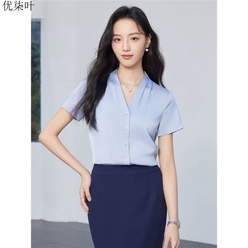 V领短袖衬衫女2026夏薄款职业通勤显瘦气质衬衣职场面试百搭上衣