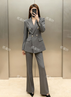 优柒叶灰色职业西装套装女春秋新款高级感大学生面试正装西服外套