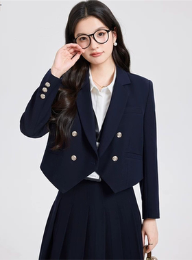 藏青色小个子短款西装外套女2005新款职场通勤高级感气质西服套装