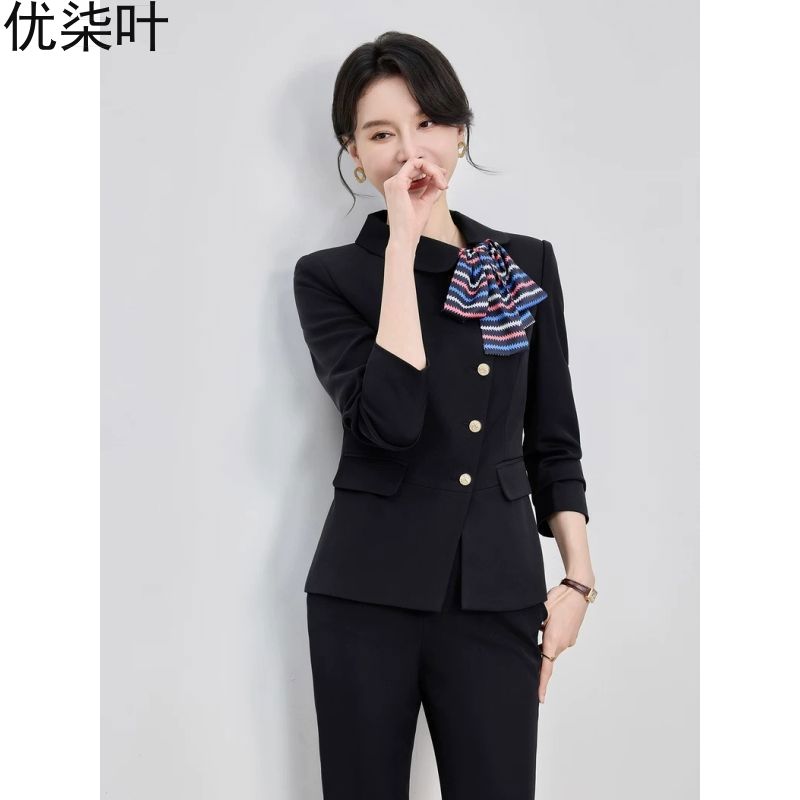 酒店面试职业西装套装女春秋新款黑色长袖收腰前台接待工作服气质