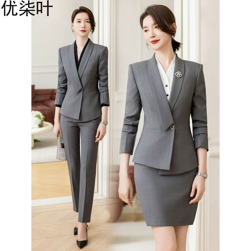 灰色西装套装女职业装春秋酒店经理工作服珠宝店前台西服工装正装
