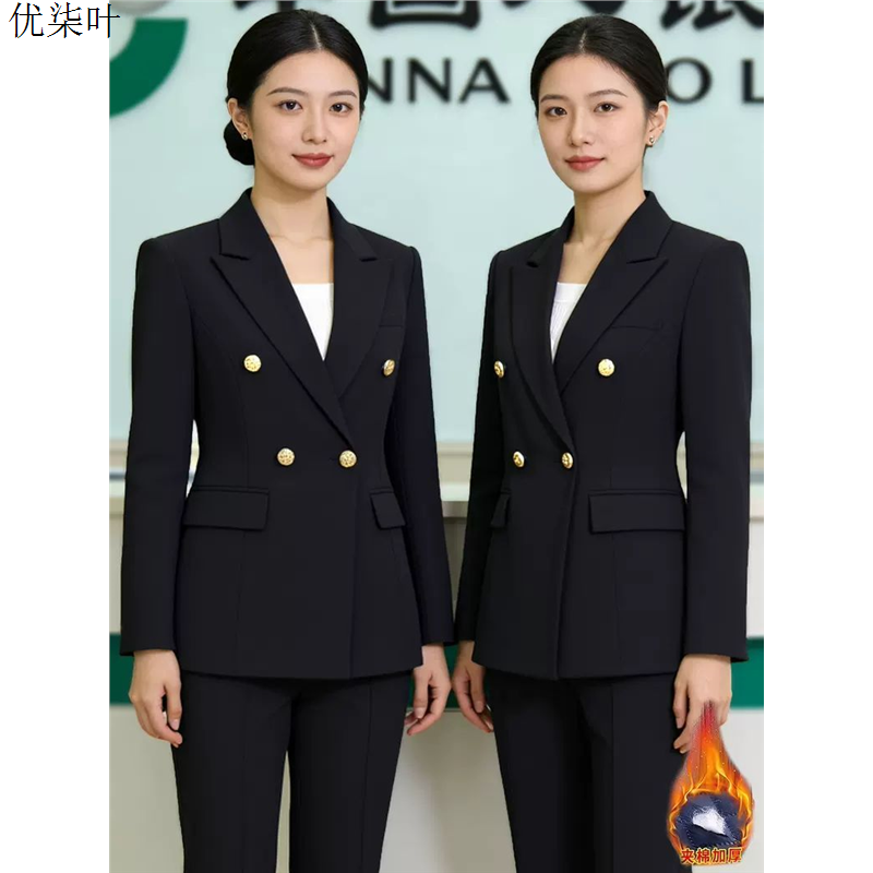 黑色加厚西装外套女冬季保险公司职业正装客服专员工作服西服套装