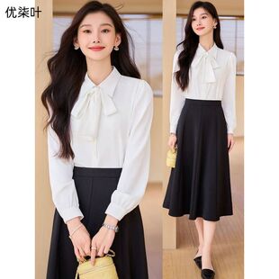 职业白色衬衫女士长袖领带春秋公务员面试正装飘带蝴蝶结衬衣