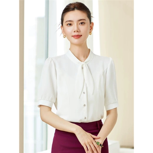 内搭面试正装 职业衬衫 西装 夏季 飘带雪纺上衣白色衬衣工作服 女短袖