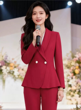 红色西装套装女冬季新款婚礼司仪职业正装高级感气质圣诞穿搭西服