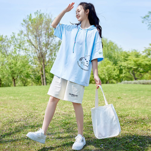 纯棉2024夏季连帽休闲套装印花