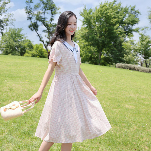 少女风连衣裙纯棉格子海军领