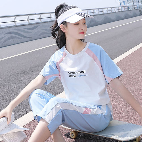 初中生运动套装七分裤t恤高中生