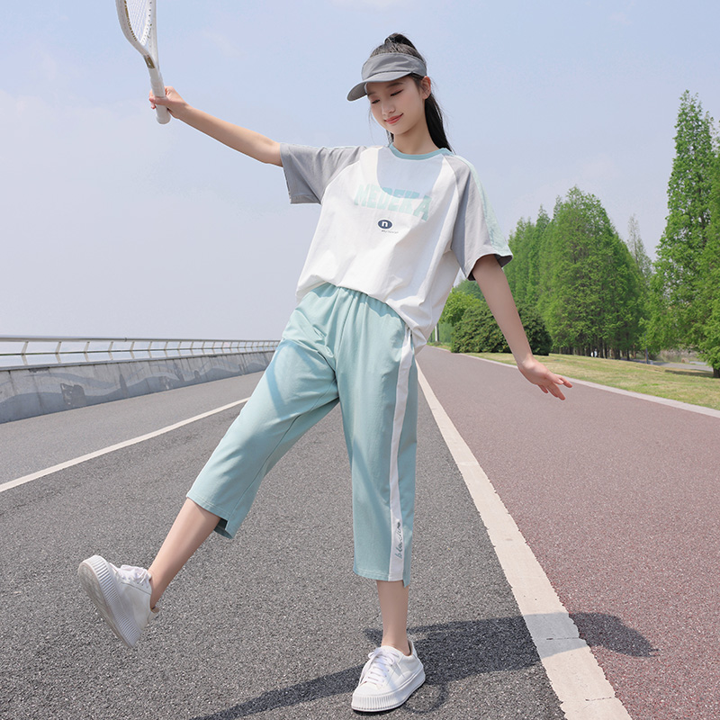 初中生女套装棉t恤运动装少女中学生两件套高中生休闲运动裤夏装