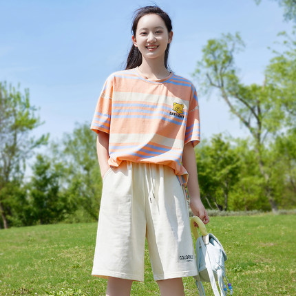 初中生条纹套装少女夏季2026新品短袖T恤13学院风纯棉两件套装服