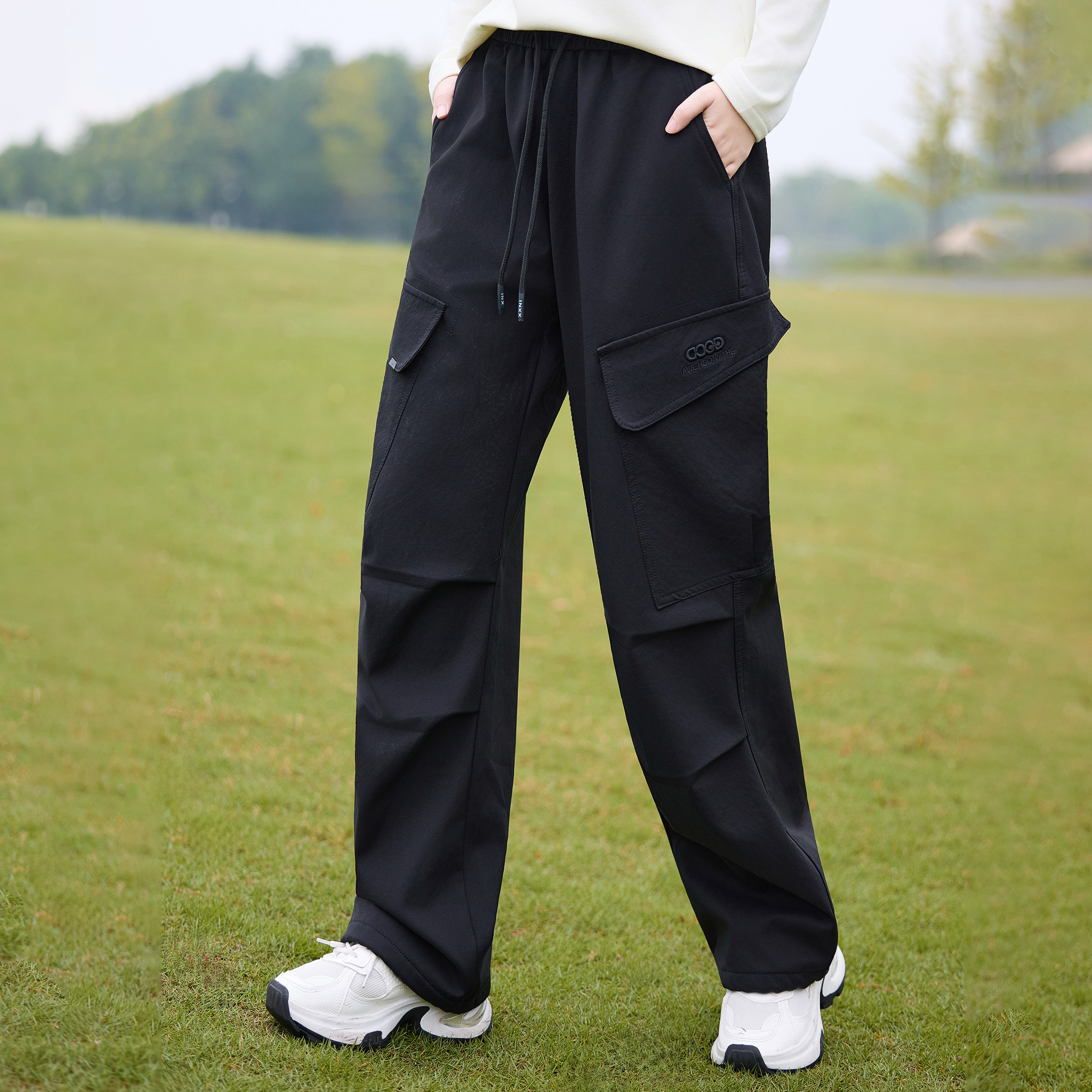 初中生少女工装裤加绒加厚春秋新款户外运动阔腿裤休闲百搭直筒子