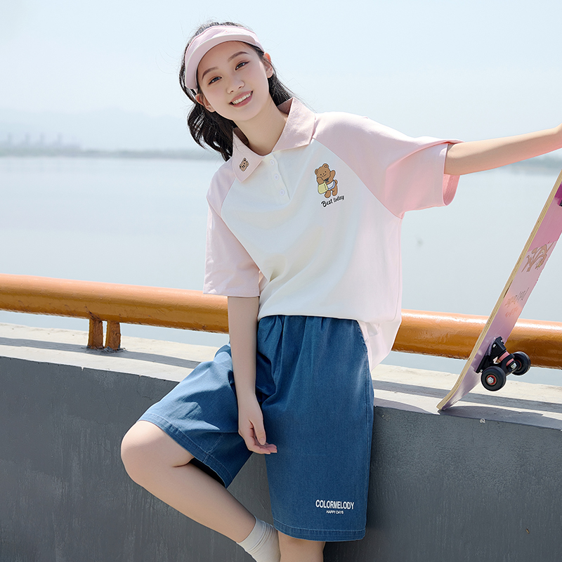 少女polo衫T恤学生韩版显瘦宽松短裤跑步两件套时尚休闲运动套装