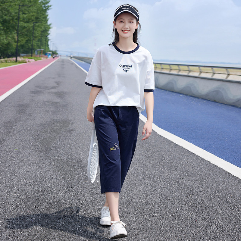 学生套装女时尚条纹t恤两件套高中七分裤少女夏装休闲装