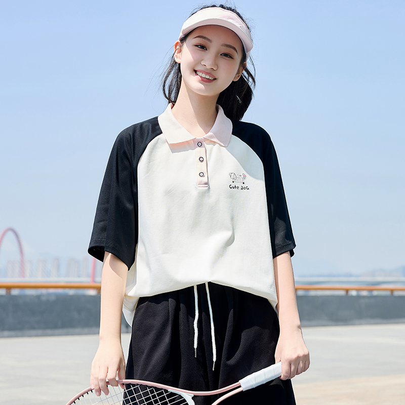 时尚休闲polo衫T恤运动套装女中学生韩版显瘦宽松短裤跑步两件套