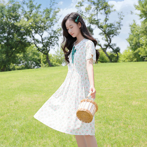 少女连衣裙娃娃领高初中学生夏装大童12岁女孩碎花长裙子夏季过膝