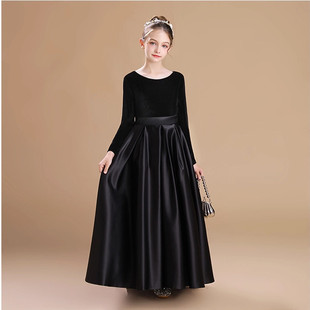 女童黑色长袖丝绒大儿童礼服管弦乐团合唱冬季学校演出公主裙舞台