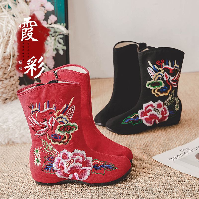 古风鞋汉服靴子刺绣棉靴单靴民族风绣花布靴复古女式侧拉链短靴