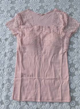 包邮日单甜美蕾丝有胸垫免文胸短袖T恤纯棉修身有弹力女打底8766