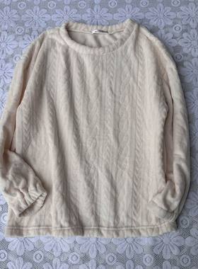 包邮简约圆领套头松紧束袖口长袖法兰绒家居服睡衣上衣女休闲6895