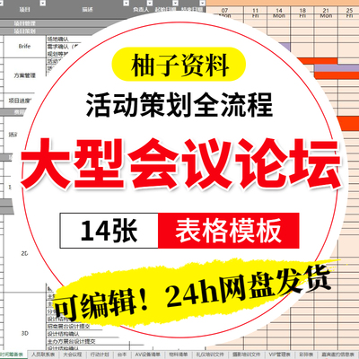 大型会议策划落地执行全套表格线下论坛方案甘特图excel案例模板