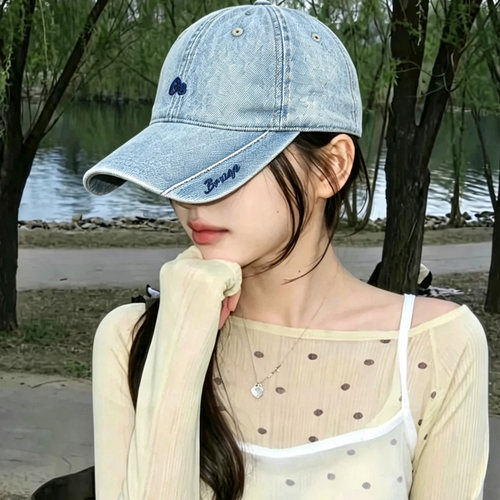 韩系小众潮牌刺绣软顶棒球帽子女水洗牛仔鸭舌帽显脸小百搭遮阳帽