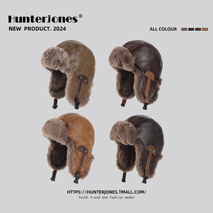 复古飞行员帽子男女冬季皮毛一体加绒保暖护耳东北骑车防寒雷锋帽