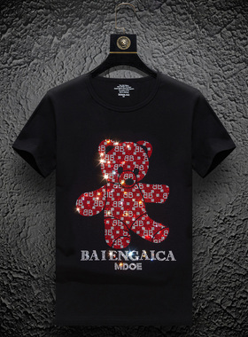 欧洲站烫钻红色小熊t恤短袖男士修身夏季短袖2025新款冰丝修身体