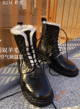 RIM RIM聆里冬季黑色马丁靴羊毛女靴复古保暖加绒靴子真皮短靴