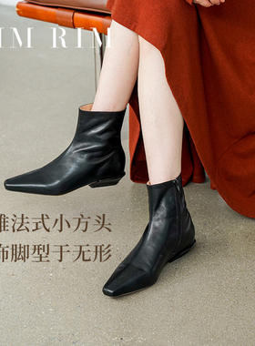 RIM RIM秋冬新款瘦瘦靴女靴子侧拉链粗跟马皮短靴法式小方头裸靴