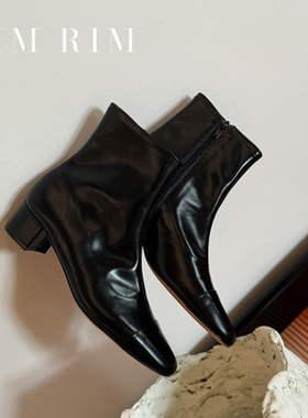 RIM RIM复古圆头百搭显瘦短靴牛油皮中跟时装靴女气质通勤瘦瘦靴