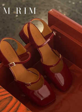 RIM RIM真皮软底凉鞋4.5cm粗跟法式玛丽珍鞋女百搭优雅红色单鞋