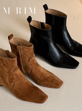 RIM RIM2025冬新款短靴女百搭中跟后拉链增高瘦瘦靴子老钱风真皮