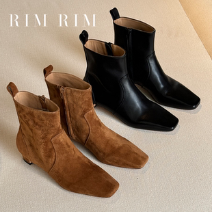 RIM 短靴女百搭中跟后拉链增高瘦瘦靴子老钱风真皮 RIM2025冬新款