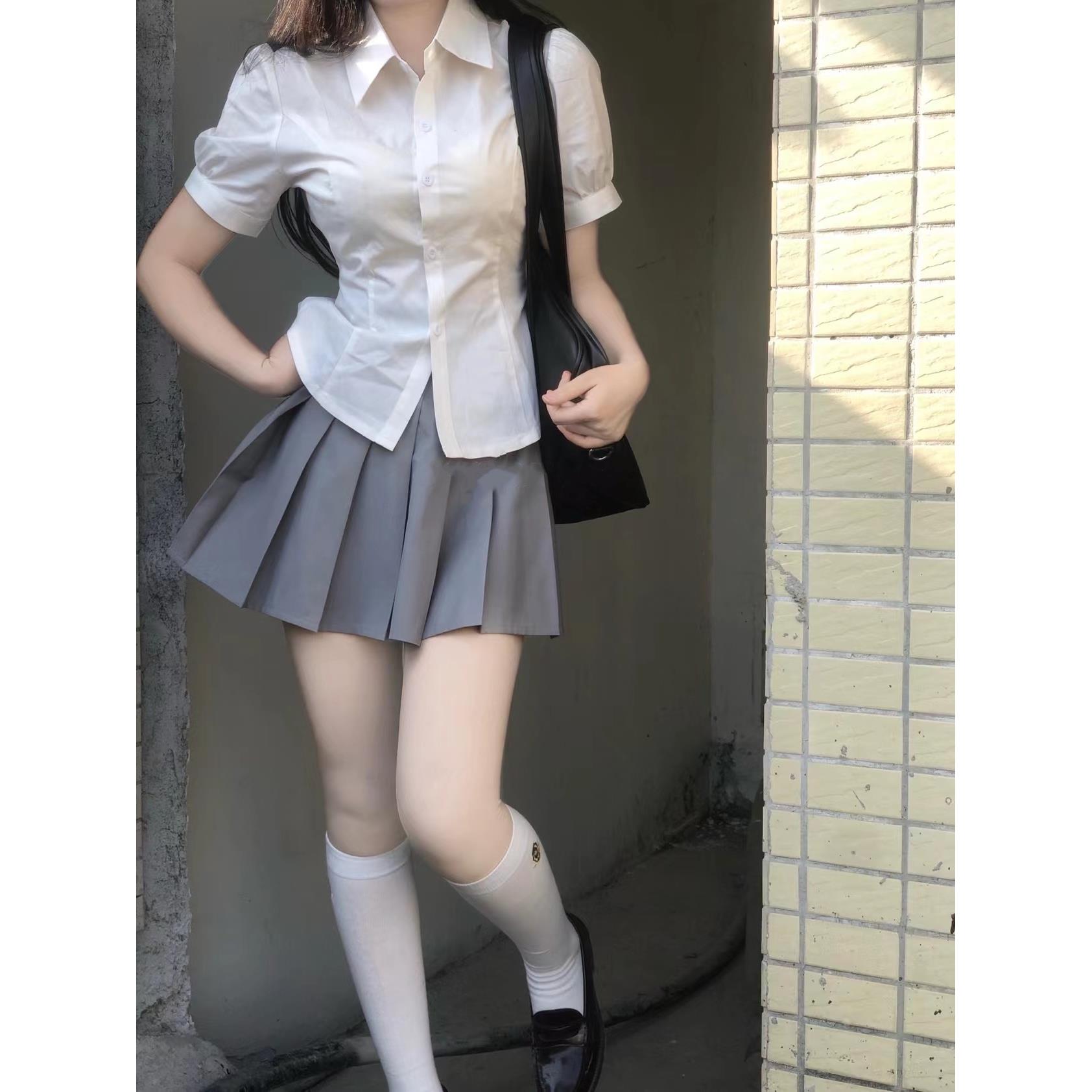 JK制服衬衫上衣女短袖原创夏季学院风收腰泡泡袖白色衬衣辣妹套装