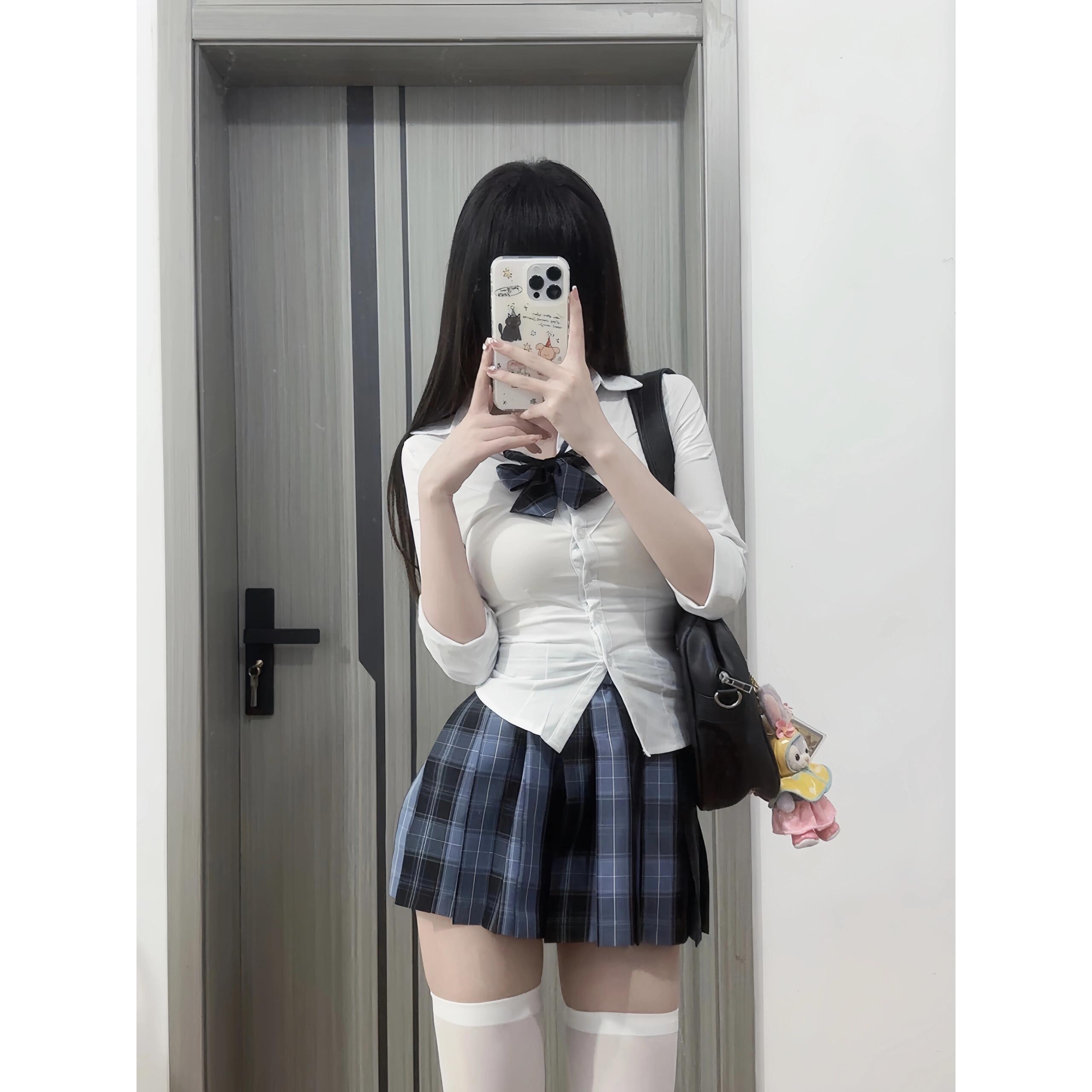 学院风纯欲收腰显瘦紧身白色衬衫短袖夏季狗短jk制服格裙正版套装