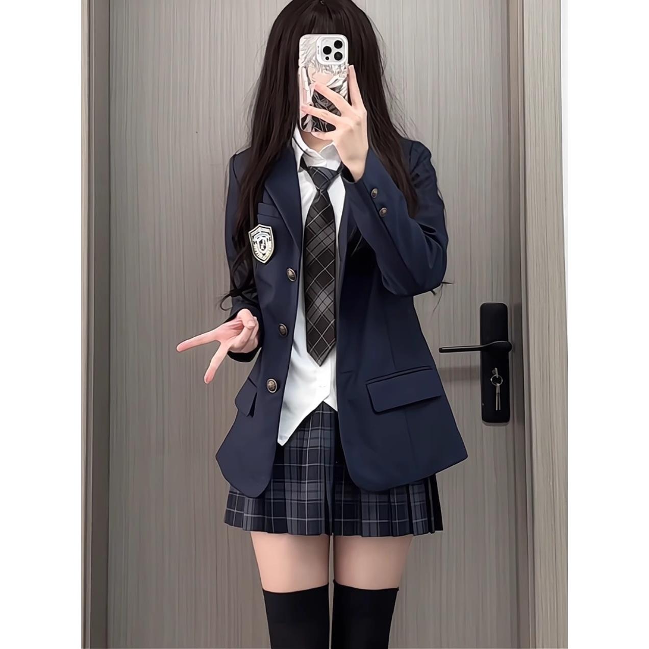 jk校供日系制服休闲学院风女生西装外套绀色西服套装三粒扣春秋