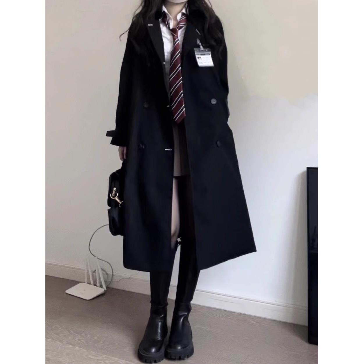 高级感jk制服风衣外套中长款学院风女春秋季黑色大衣套装2025新款